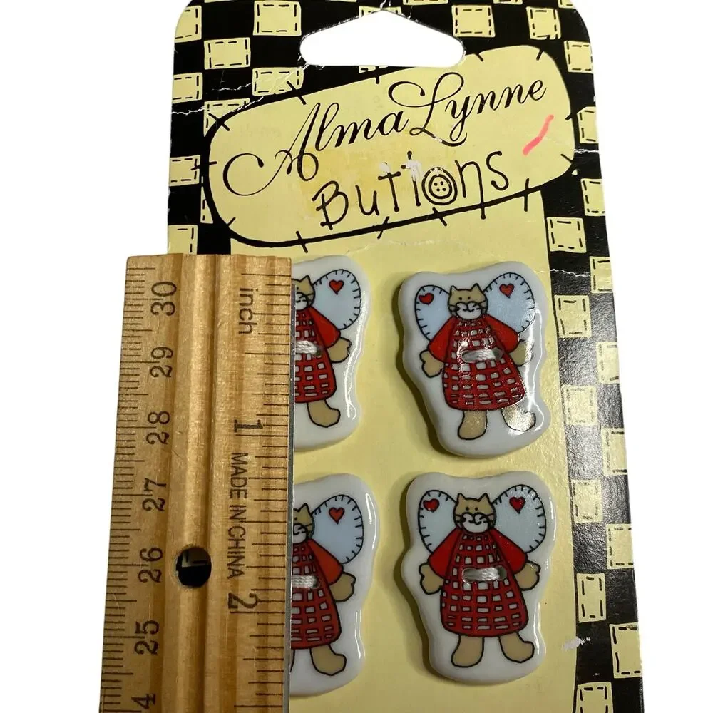 Vintage Alma Lynne Angel Cat Ceramic Buttons Folk Art Flat 2-Hole 4 Buttons 1997